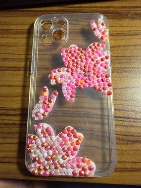iPhone 13 Clear Decorative Phone Case with Pink Beaded Floral Accents
